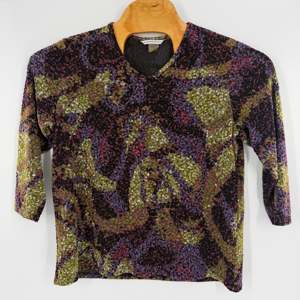 Allison Daley Womens Large V-Neck 3/4 Sleeve Abstract Textured Knit‎ Top Purple